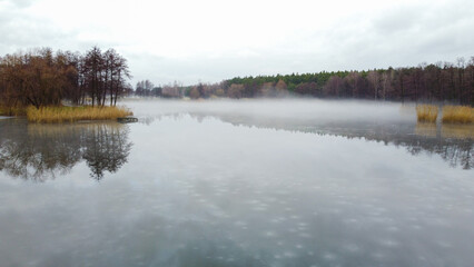 View of lake in autumn. Dry trees and yellow grass on the banks. Fog over the lake