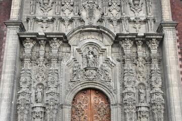 Medium Close-up on Sanctuary Entrance Facade at Mexico City Metropolitan Cathedral