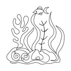Continuous line drawing . Underwater world, Fish and landscape with seaweed. Vector illustration