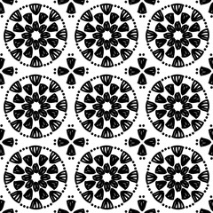 Seamless pattern with black lace crochet. Circular motifs background.