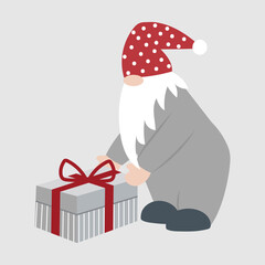 Cute little gnome in a hat with a gift. Vector isolated clipart.