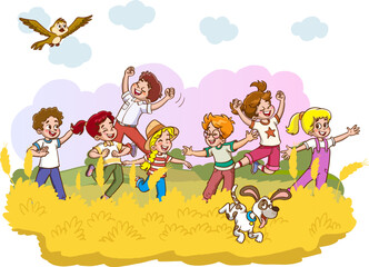 Vector Illustration Of Funny Kids Playing Outside