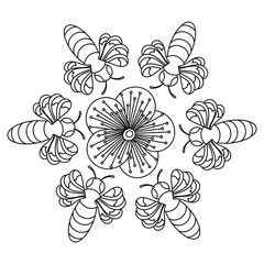 Honey coloring book page for children. Flowers and bees. Hand drawn doodle vector illustrations.