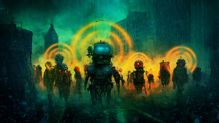 Halloween night, Hordes of robot zombies invade the city punk. Digital art concept style, Illustration.