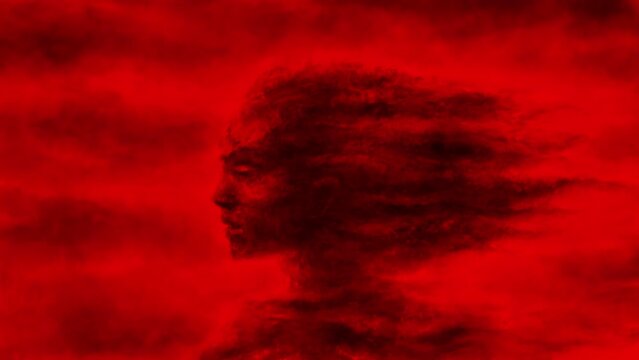 Wind goddess profile. Bloody queen with flowing hair. Horror fantasy 2D animation. Scary animated video clip. Mystical shadows and ghost. Gothic cruel female character. Blur effects and camera shake. 