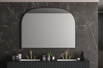 Close up of double sink with oval mirror standing in on marble wall , luxury cabinet with black countertop in modern bathroom. Side view. 3d rendering