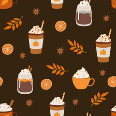 Pumpkin latte, cappuccino, hot chocolate flat seamless pattern. Autumn beverage vector illustration. Coffee shop, Wrapping paper, fabric design