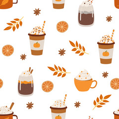 Pumpkin latte, cappuccino, hot chocolate flat seamless pattern. Autumn beverage vector illustration. Coffee shop, Wrapping paper, fabric design