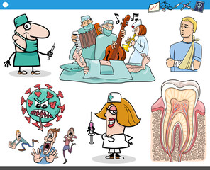 cartoon health and medical topics and characters set