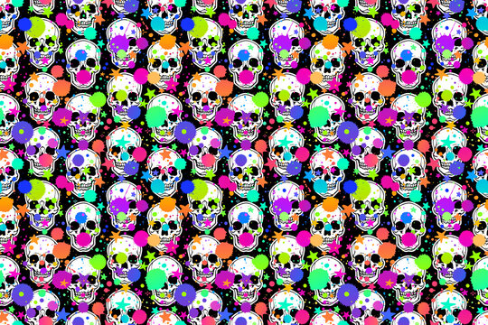 bright cheerful pattern of human skulls and multicolored splashes of paint