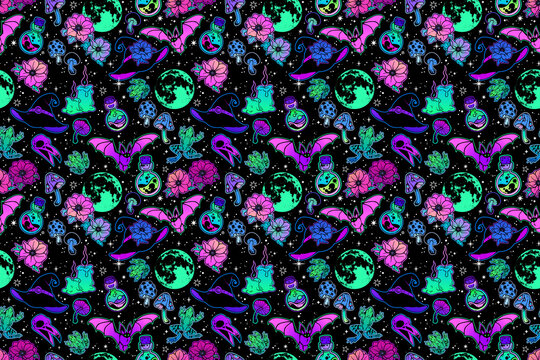 Bright illustration of different witch elements. Seamless pattern