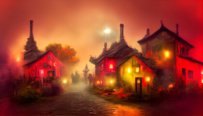 Fototapeta premium Mystical Autumn Night in the Old Ghost Village 3D Art Illustration. Small Old Town Creepy Misty Street with Lights and Weird Houses Halloween Background. AI Neural Network Generated Art Wallpape