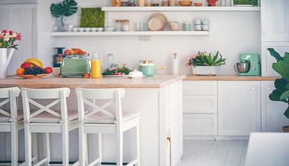 Fototapeta na wymiar cozy bright kitchen interior with island countertop, wooden furniture and wall shelves at the background