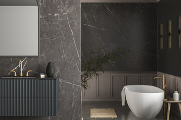 Modern luxury bathroom, dark marble background walls, white bathtub, double sink, marble countertop, mirror, indoor plants side view. Mock up. 3d rendering