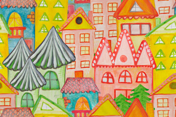 Seamless pattern with watercolor painted houses.