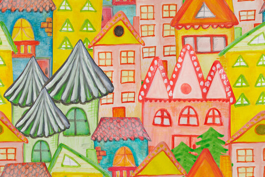 Seamless pattern with watercolor painted houses.