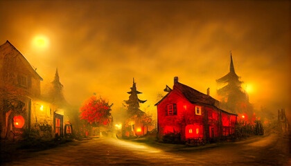 Naklejka premium Mystical Autumn Night in the Old Ghost Village 3D Art Illustration. Small Old Town Creepy Misty Street with Lights and Weird Houses Halloween Background. AI Neural Network Generated Art Wallpape
