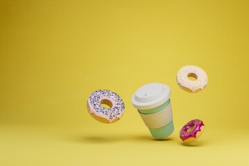 the concept of a delicious snack. a glass of coffee and donuts on a yellow background. copy paste. 3D render