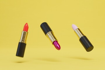 Fototapeta premium tubes of lipstick of different colors flying on a yellow background. 3D render
