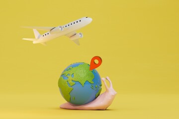 Fototapeta na wymiar long journey by plane. a snail carrying a planet with a jps point and a flying plane on a yellow background. 3D render