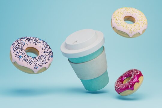 the concept of a delicious snack. a glass of coffee and donuts on a blue background. 3D render