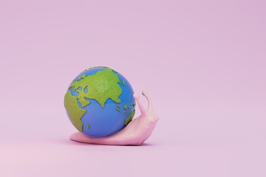 slow changes on the planet. a snail carrying a planet on a pink background. 3D render