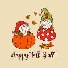 Cute gnomes fall card template. Funny scandinavian gnome characters children illustration. Happy fall y`all text. For textile placement print, cut file, home decor, embroidery, sublimation, poster.