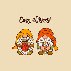Cute gnomes fall card template. Cozy wishes text. Funny scandinavian dwarf characters with jam jar and coffee cup. Fall nordic gnomes vector for print, cut file, home decor, invitation, poster.