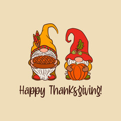 Cute gnomes fall card template. Happy Thanksgiving text. Funny scandinavian gnome characters with pumpkin and sweet pie. Fall nordic gnomes vector for print, cut file, home decor, invitation, poster.