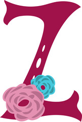 Letter z in latin style decorative alphabet illustration. Spanish style decorated by flowers.