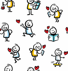 Seamless pattern with cute doodle people in love with hearts.