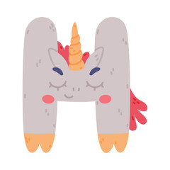 Unicorn Cute Alphabet Letter H with Smiling Face and Twisted Horn Vector Illustration
