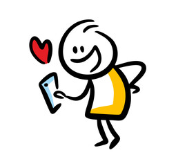 Funny doodle hand drawm man holding mobilephone and sending love message.