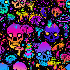 seamless pattern bright psychedelic mushrooms and skulls