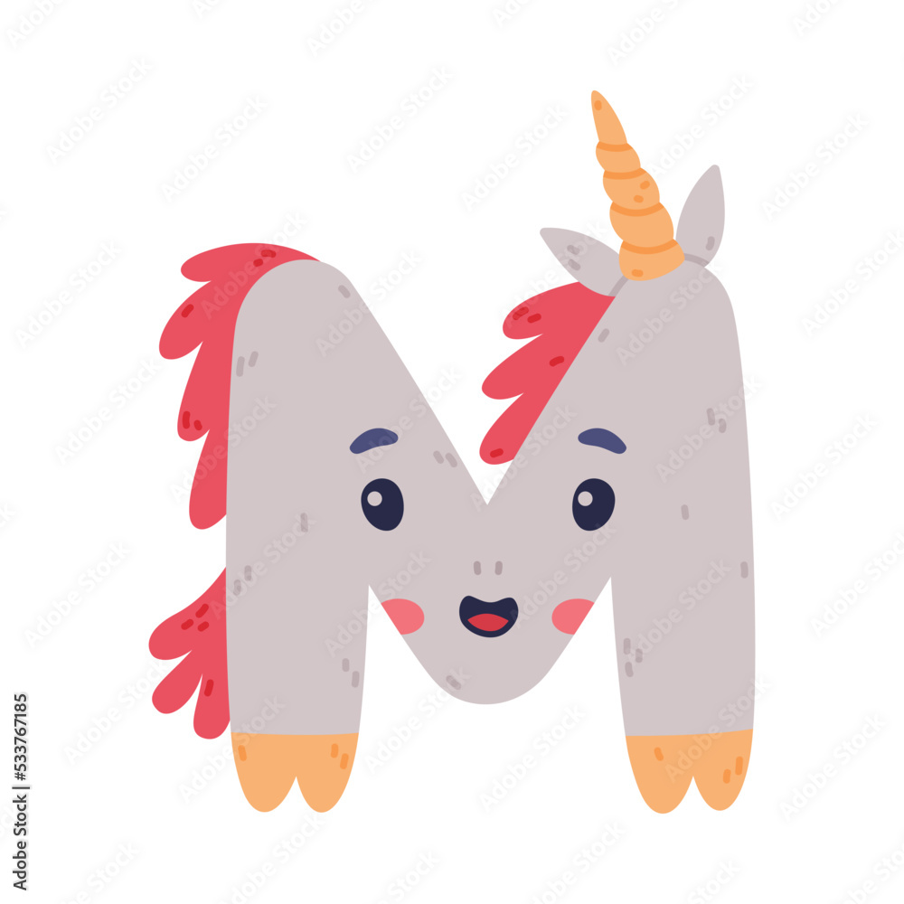 Poster unicorn cute alphabet letter m with smiling face and twisted horn vector illustration