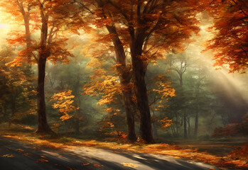 Fototapeta premium The road is lined with trees that are just starting to turn yellow and red. The leaves are falling gently to the ground, creating a carpet of color. In the distance, you can see mountains covered in s