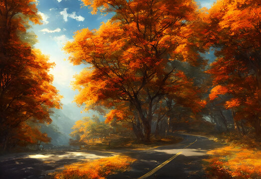 The autumn scenic tourist road is a beautiful sight. The leaves are changing colors and falling gently to the ground. The air is crisp and cool, and the sky is a clear blue.