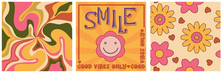 Retro groovy poster set, hippy design 70s. Modern groovy poster with flower and wave. Retro 60s 70s psychedelic pattern. Vintage floral background.