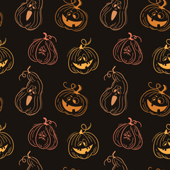 Seamless pattern with emotions halloween pumpkins on dark background. Сute hand drawn pumpkins. Funny faces for scrapbook digital paper, textile print, page fill. Vector illustration