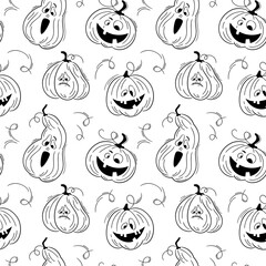 Seamless pattern with emotions halloween pumpkins on white background. Сute hand drawn pumpkins. Funny faces for scrapbook digital paper, textile print, page fill. Vector illustration