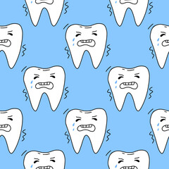 Seamless pattern of crying decaed tooth. Concept of medical cabinet, dentistry advertising.Design print to social media, ad, business card, textile, wallpaper, wrapping paper, poster.