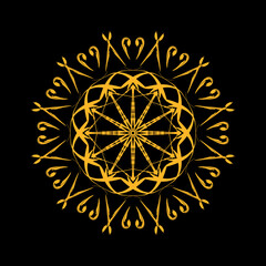 Bohemian mandala in golden Color on black background. Ornamental circular symbol for print. Vector illustration