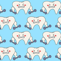 Seamless pattern of pumped up tooth with dumbbells. Concept for medical cabinet, dentistry advertising. Design print to social media, ad, textile, wallpaper, wrapping paper, poster.