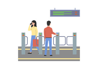 Metro Ticket Online Buying Concept. Male And Female Character. Woman Exit Subway Talking On Phone. Man At Subway Gate Automatic Checkpoint Enter Underground. Outline Linear Flat Vector Illustration