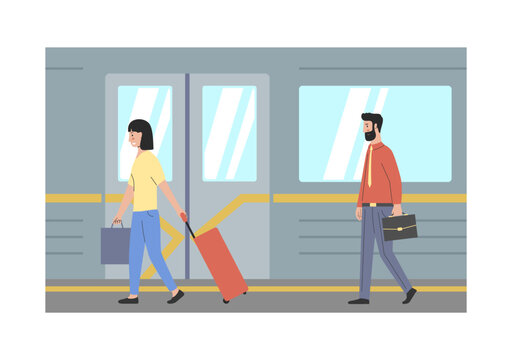 Public Modern City Transport Concept. Man And Woman Board Train Or Subway. Character With Luggage On Platform At Modern Railway Station Boarding Train. Cartoon Outline Linear Flat Vector Illustration