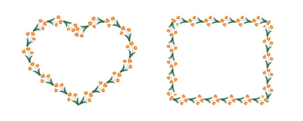 Floral frame in the shape of a heart and a square. Flowers heart frame. Flowers ornament, decorative frame, floral ornament, decorative elements, spring, flowers, buds, leaf, plants, floral decoration