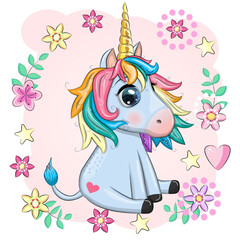 Blue unicorn pony sitting. Cute baby card, baby with big eyes