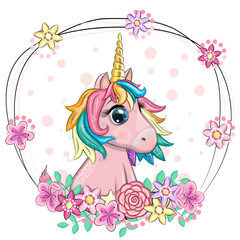 Obraz premium Pink unicorn pony sitting. Cute baby card, baby girl with big eyes