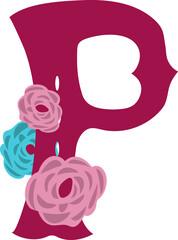 Letter p in latin style decorative alphabet illustration. Spanish slyle decorated by flowers.