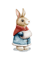 Watercolor vintage girl rabbit in blue coat clothes standing and sings Christmas songs isolated on white background. Hand drawn illustration sketch